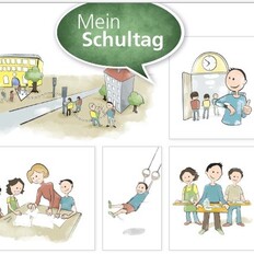 gezeichnete Bilder zum Ablauf eines Schultag