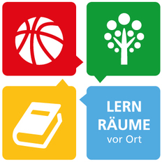Logo aus vier Quadraten in rot, gelb, grün und blau mit Buch-, Ball und Baumsymbol
