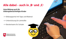 eine Collage. Sie zeigt ein Bild mit Kinderhänden über einem Laptop und Texthinweise zum Thema.