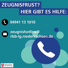 Tel.-Nummer der Zeugnishotline mit weißem Telefonhörersymbol auf blau-grünlichem Untergrund.