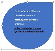 Farbfläche mit Text. Hinweis auf Beratungskontakt unter E-Mail anlaufstelle-abschluesse@rlsb-os.niedersachsen.de