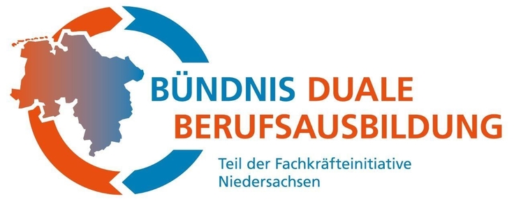 ogo des Bündnis der dualen Berufsausbildung, links steht die orangeblaue Niedersachsenkarte im linken Rand eines zweimal durchbrochenen Kreises in orange und blau