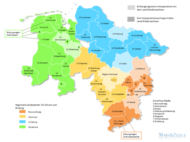 Niedersachsenkarte mit farbig unterlegter Übersicht der Bildungsregionen