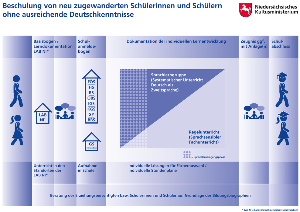 Grafische Übersicht in Blautönen über die Beschulung von neu zugewanderten Schülerinnen und Schülern